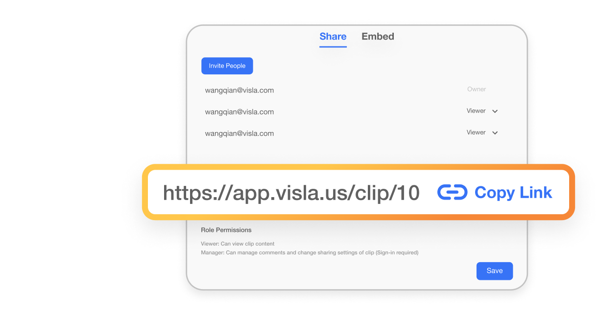 Simple Link Sharing interface from Visla, allowing Customer Success Teams to share videos with customers for enhanced reach.